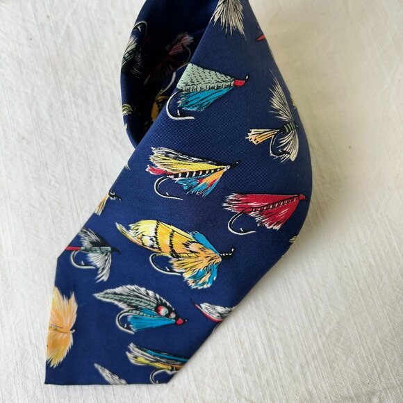 Magnificent Mouchoirs Fly Fishing Neck Tie Blue 100% Silk - Picture 1 of 6